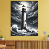 Storm Lighthouse – Dramatic Black and White Coasta Leinwanddruck (Insitu (Wohnzimmer))