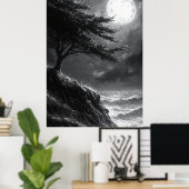 Stormy Cliff Moonlight in einfarbiger Schwarz & We Poster (Heimbüro)
