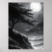 Stormy Cliff Moonlight in einfarbiger Schwarz & We Poster (Vorne)