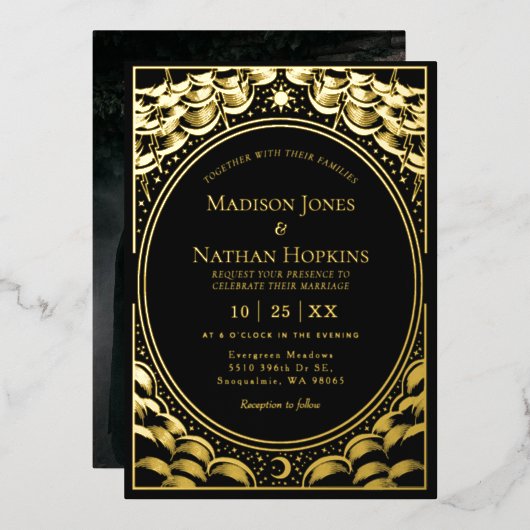 Stormy Gold Elegante Tarot Card Hochzeit Folieneinladung (Vorderseite/Rückseite)