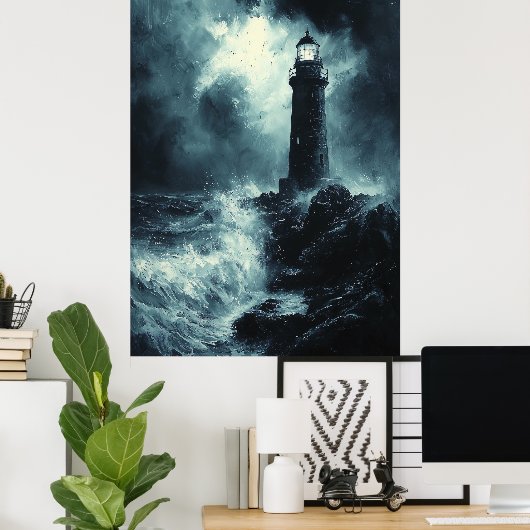 Stormy Lighthouse at Night - Holzkohle Art Poster (Heimbüro)