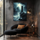 Stormy Lighthouse at Night - Holzkohle Art Poster