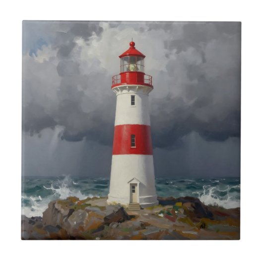 Stormy Red Lighthouse Coastal  Fliese (Vorderseite)