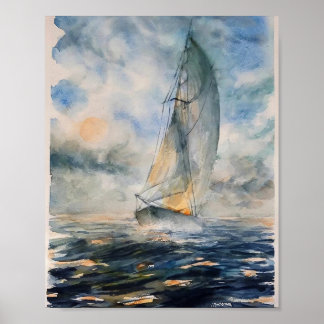 Stormy Seas Sailboat Wassercolor Art Poster
