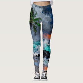 Stormy Serenity: Rain and Wind Beach at Sunset Leggings