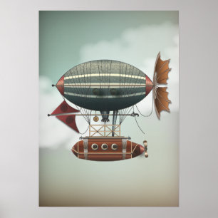 Stormy Skies Airship Aleutian   Steampunk Travel Poster