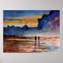 Stormy Sunset Beach Coming Wassercolor Seascape