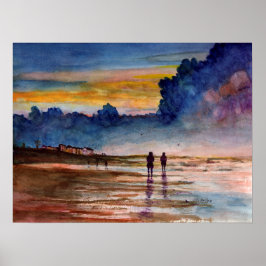 Stormy Sunset Beach Coming Wassercolor Seascape Poster