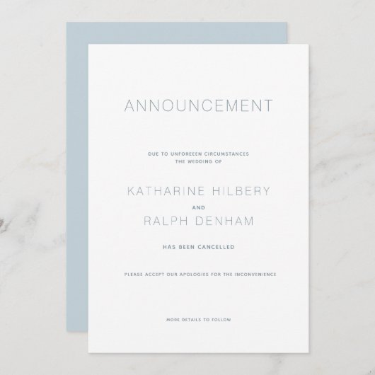 Stornierung einer White & Blue Hochzeit Einladung (Vorne/Hinten)