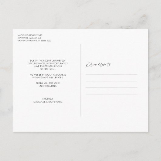 Stornierung oder Verzögerung von Ereignissen Ankündigungspostkarte (Rückseite)