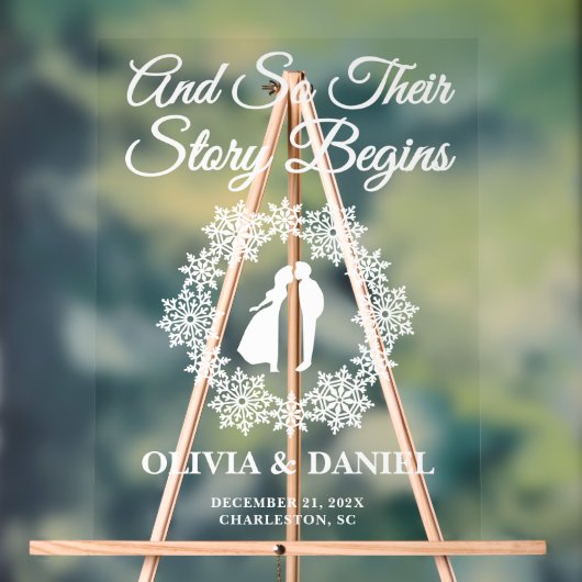 Story Begins Snowflake Winter Wedding Willkommen Acrylschild (Neutral)