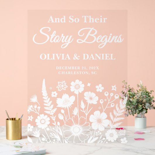 Story Begins Wildblume Wedding Welcome Acrylschild (Hochzeit)