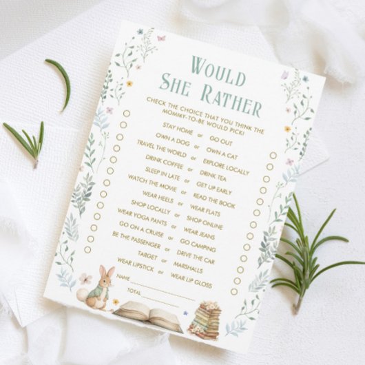 Story Book Baby Shower Would She Rather Game Card Einladung