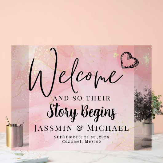 Story fängt Elegant Wedding Willkommen Akryllische Acrylschild (Hochzeit)