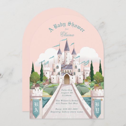 Storybook Castle Illustriert Pink Baby Dusche Einladung (Vorne/Hinten)