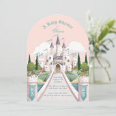 Storybook Castle Illustriert Pink Baby Dusche Einladung (Stehend Vorderseite)