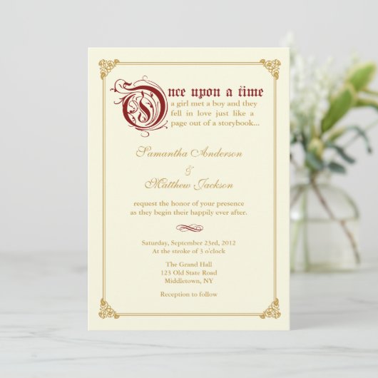 Storybook Fairytale Hochzeit Einladung - Rot/Gold (Stehend Vorderseite)