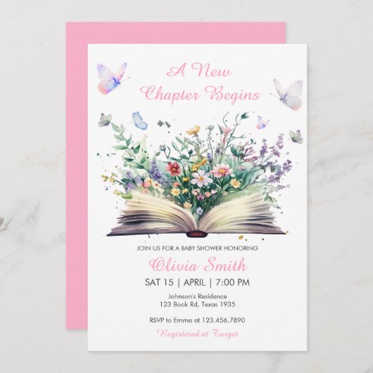 Storybook Floral Pink Ein neues Kapitel Kinderdusc Einladung (Vorne/Hinten)