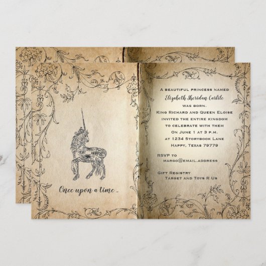 Storybook Perfect Unicorn Baby Girl Dusche Einladung (Vorne/Hinten)