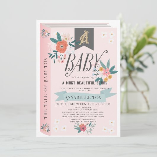 Storybook Pink Floral Girl Drive by Baby Shower Einladung (Stehend Vorderseite)