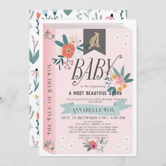 Storybook Pink Floral Girl Drive by Baby Shower Einladung (Vorne/Hinten)