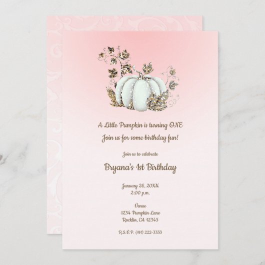 Storybook Pink White Pumpkin Fairytale 1. Einladung (Vorne/Hinten)