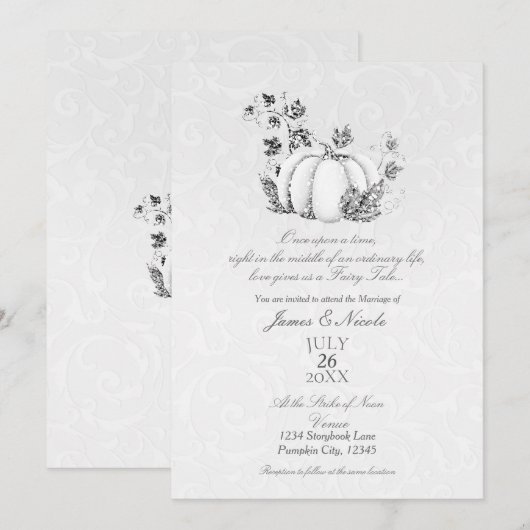 Storybook Silver White Pumpkin Fairy Tale Wedding Einladung (Vorne/Hinten)