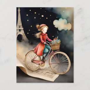 Storybook Watercolor Paris Fahrradtour Postkarte