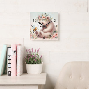 Storybook Woodland Babies Bär und Biene Quadratische Wanduhr