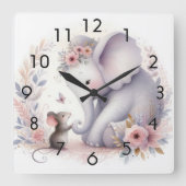 Storybook Woodland Babies Elefanten und Maus Quadratische Wanduhr (Vorderseite)