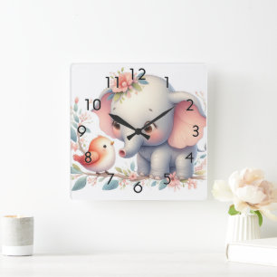 Storybook Woodland Babies Elephant and Bird Quadratische Wanduhr