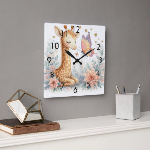 Storybook Woodland Babies Giraffe Butterfly Quadratische Wanduhr