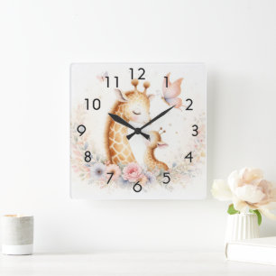 Storybook Woodland Babies Giraffe und Baby Quadratische Wanduhr
