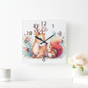 Storybook Woodland Babies Hirsch und Chipmunk Quadratische Wanduhr