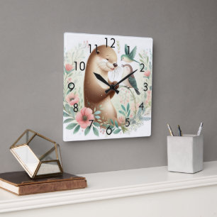 Storybook Woodland Babies Otter und Bird Quadratische Wanduhr