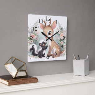 Storybook Woodland Babies Skunk and Deh Quadratische Wanduhr