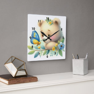 Storybook Woodland Babys Bären und Schmetterling Quadratische Wanduhr