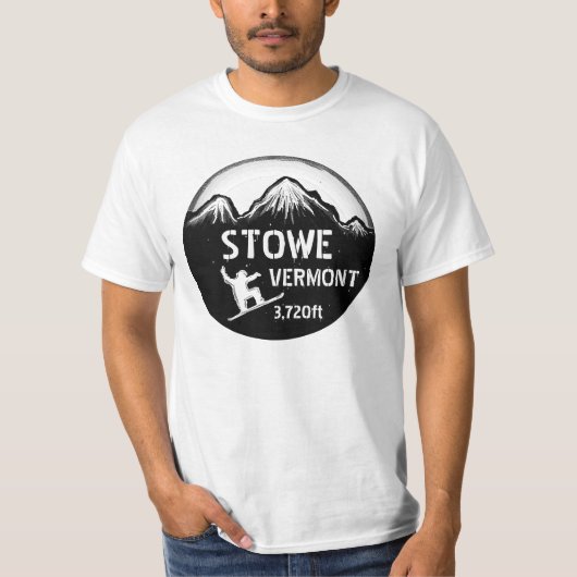 Stowe Vermont schwarzes Snowboardkunst-Wertt-stück T-Shirt (Vorderseite)