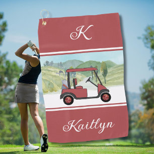 Strahlend in Rot Golf Gal Cart Monogramm Name   Golfhandtuch