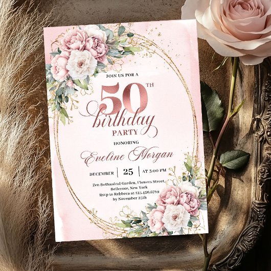 Strahlend Roségold Blush Floral 50. Geburtstag  Einladung