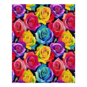 Strahlende Regenbogenrosen, leuchtendes Blumenmust Poster