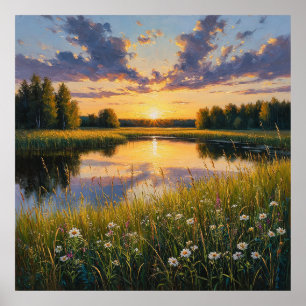 Strahlender ruhiger Sonnenuntergang über einem ruh Poster