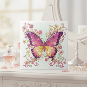 Strahlender Schmetterling Blumenmuster#4 Magenta I Fliese