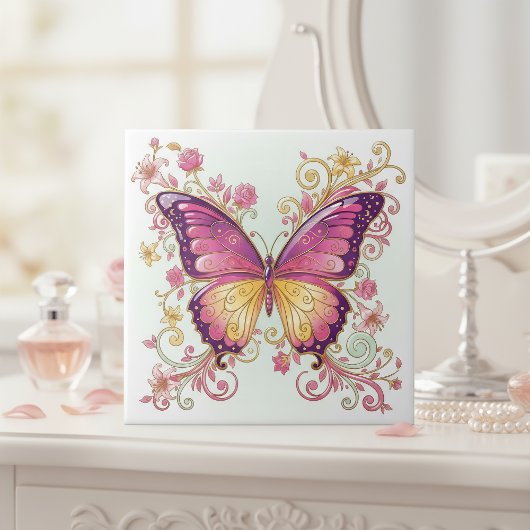 Strahlender Schmetterling Blumenmuster#4 Magenta I Fliese