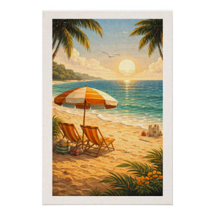 Strahlender tropischer Strandsonnenuntergang Retro Poster