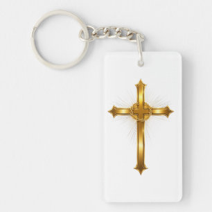 Strahlendes goldenes christliches Kreuz, Glaube in Schlüsselanhänger