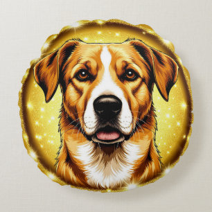 Strahlendes Goldenes Hundegesicht Luxus Haustierli Rundes Kissen