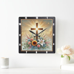 Strahlendes Kreuz Blumen Spiritual Quadratische Wanduhr