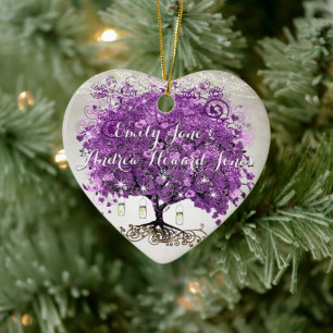 Strahlendes Lila Romantisches Herzblatt Hochzeit Keramik Ornament