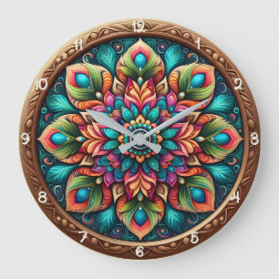 Strahlendes Pfauenfeder-Mandala Große Wanduhr